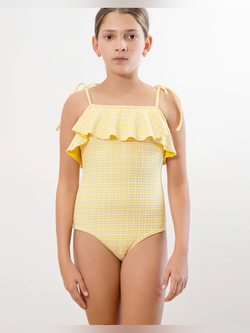 Little Honey Girls One Piece Swimsuit in Yellow Seersucker